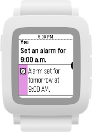 You: Set an alarm for 9:00 a.m. Below, a card says "Alarm set for tomorrow at 9:00 AM.".