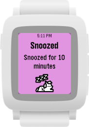 A result screen titled "Snoozed". The body text reads "Snoozed for 10 minutes". An image of a sleeping pony is beneath.