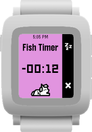 An alarm going off. The title is "Fish Timer". A countdown says "-00:12". A tired pony is at the bottom. There are action buttons to snooze or dismiss the alarm.