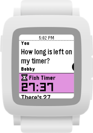 You: How long is left on my timer? Bobby: a widget labelled "Fish Timer" says "27:37". Below that, the text: There's 27…