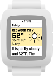 A weather widget for Redwood City showing a temperature of 62° and sunny, with the text "Seems 60°, Sunny". Below,it reads: It is partly cloudy and 62°F. The…