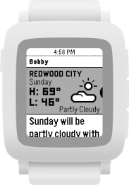 A weather widget for Sunday in Redwood City. It shows a partly cloudy icon, and indicates a high of 68° and a low of 46°. Below, it reads: Sunday will be partly cloud with…